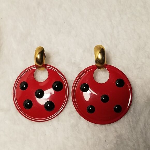 Vintage Red & Black Dot Earrings - Picture 2 of 3